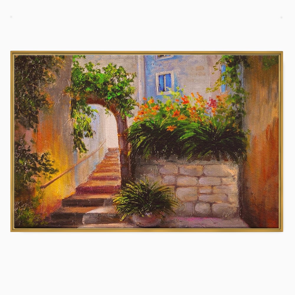 Tablou canvas cu pictura cu scari si flori, in rama de aluminiu auriu